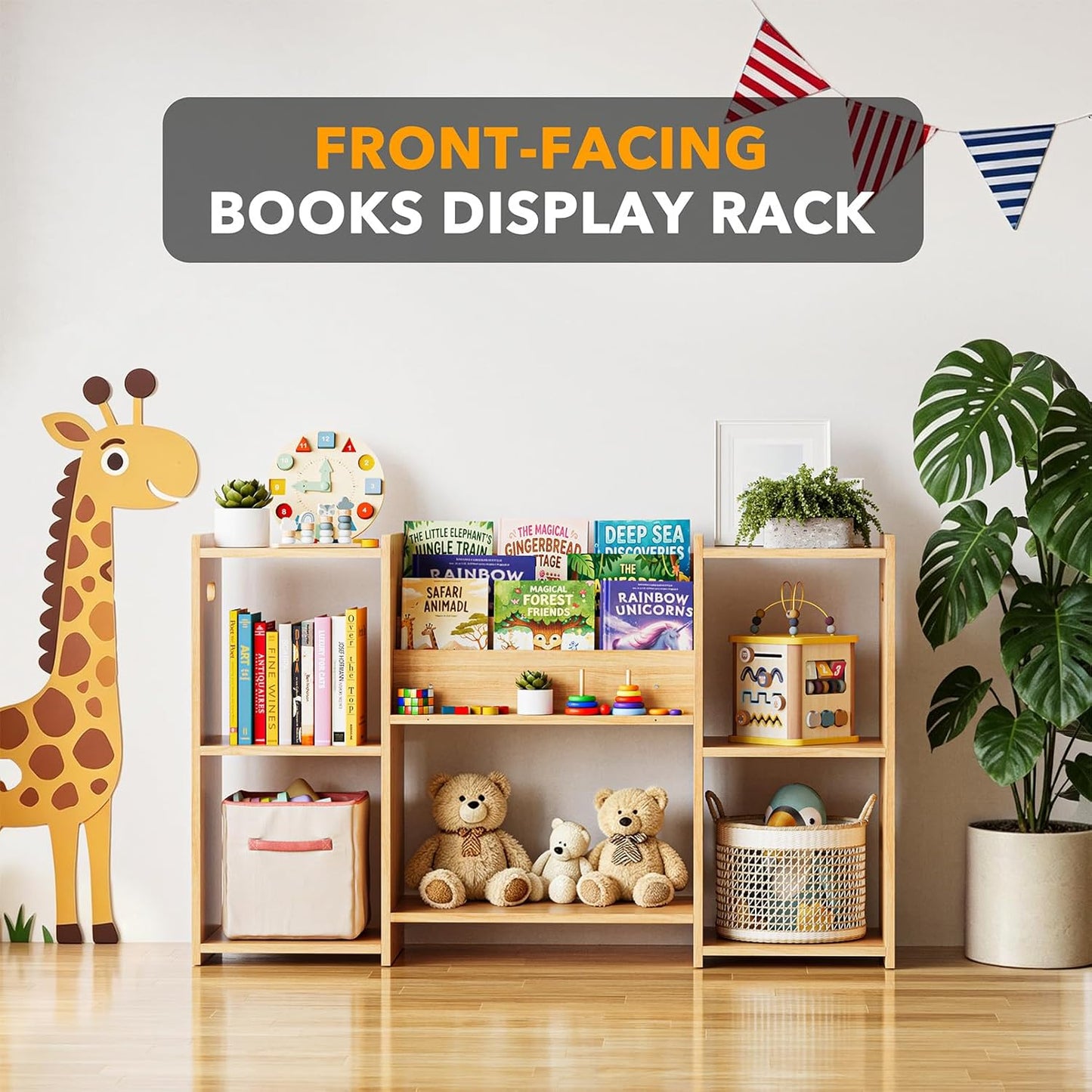 SpaceAid 6-in-1 Bookshelf Storage Organizer, Montessori Bookcase for Toddlers, Wooden Book Rack Shelf Cabinet Furniture for Kids Rooms, Playroom, Nursery and Classroom, 45.6“ Wide