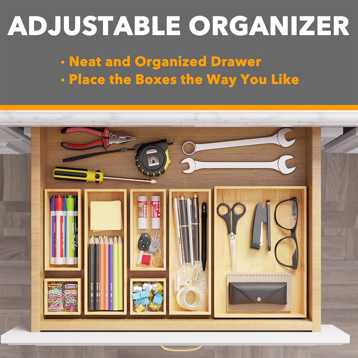 7-Piece Bamboo Drawer Organizer Set with Wood Trays