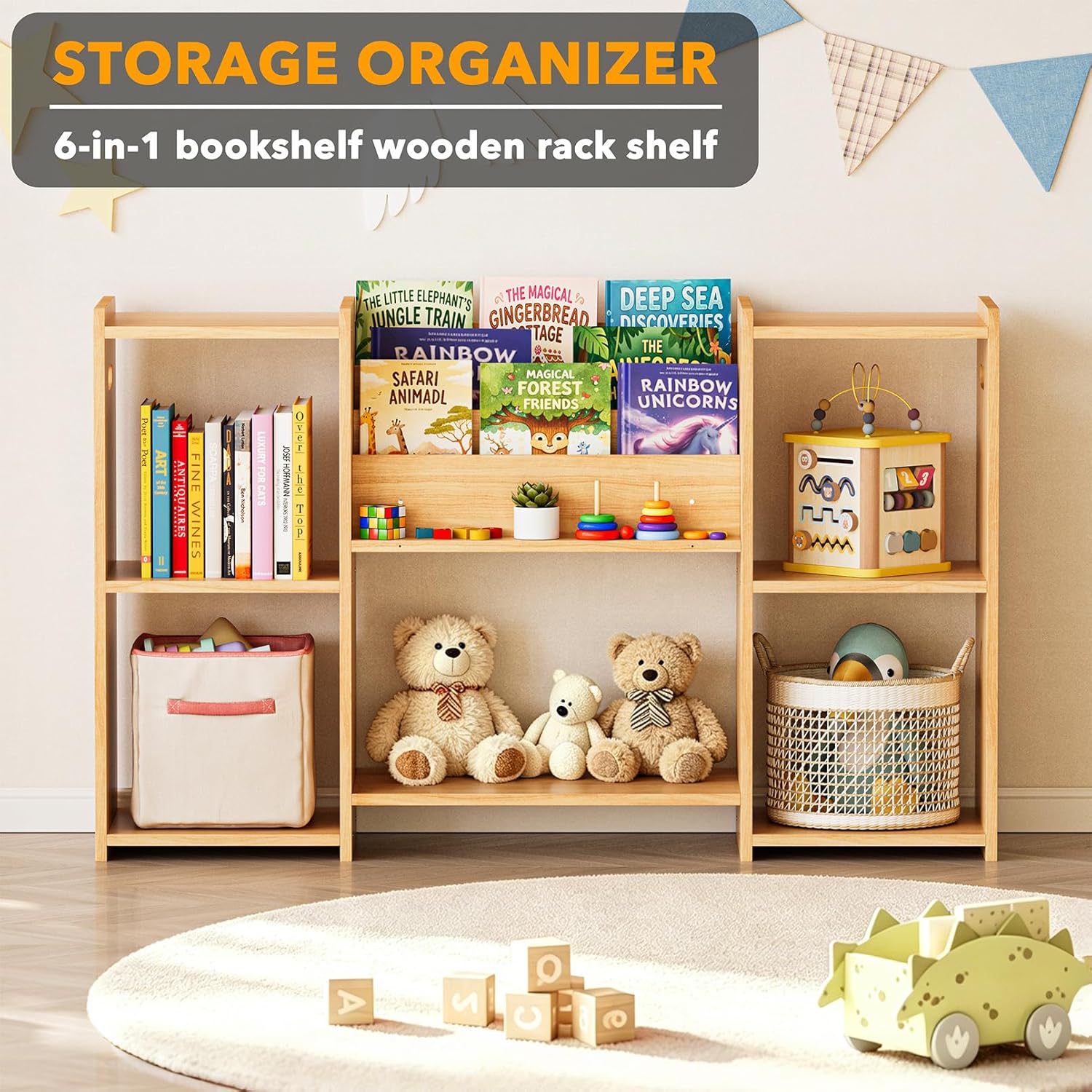 SpaceAid 6-in-1 Bookshelf Storage Organizer, Montessori Bookcase for Toddlers, Wooden Book Rack Shelf Cabinet Furniture for Kids Rooms, Playroom, Nursery and Classroom, 45.6“ Wide