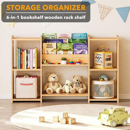 SpaceAid 6-in-1 Bookshelf Storage Organizer, Montessori Bookcase for Toddlers, Wooden Book Rack Shelf Cabinet Furniture for Kids Rooms, Playroom, Nursery and Classroom, 45.6“ Wide