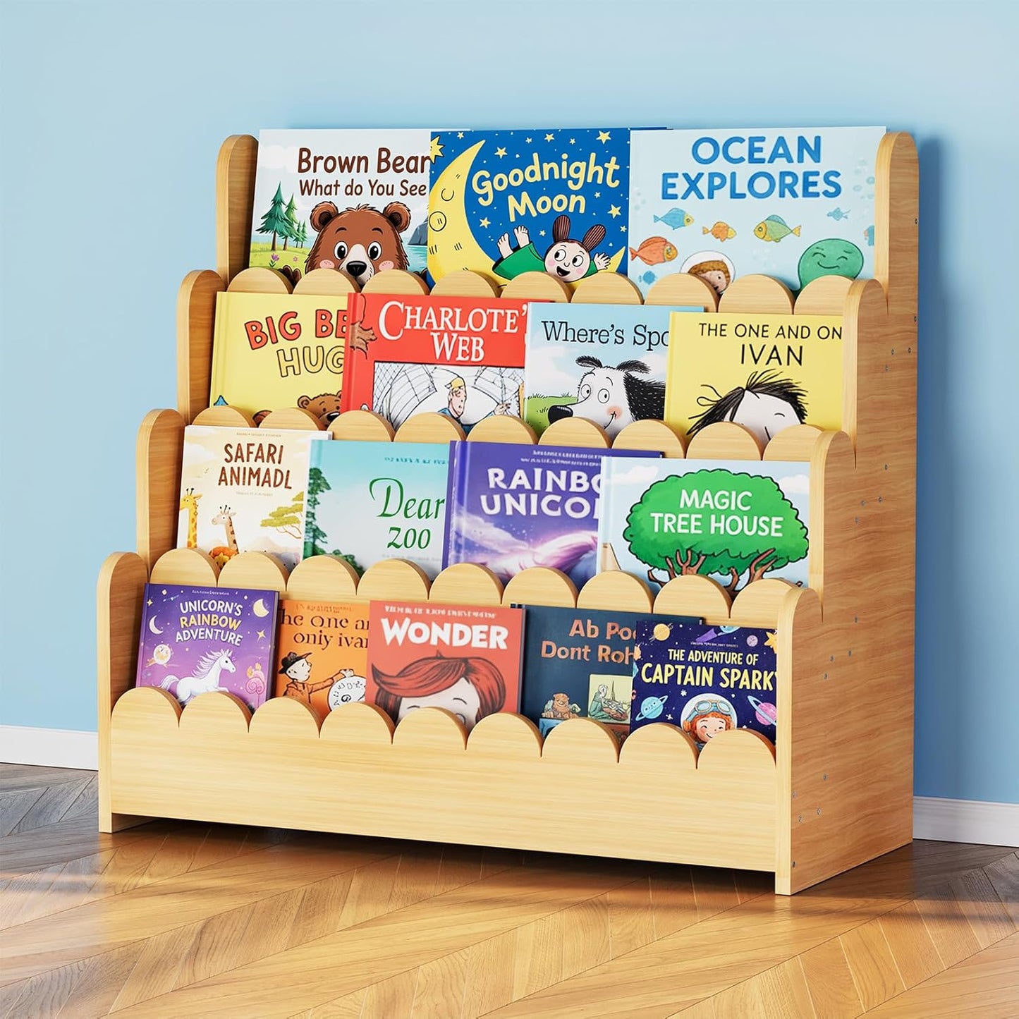 4 tier montessori bookshelf wooden front facing bookcase
