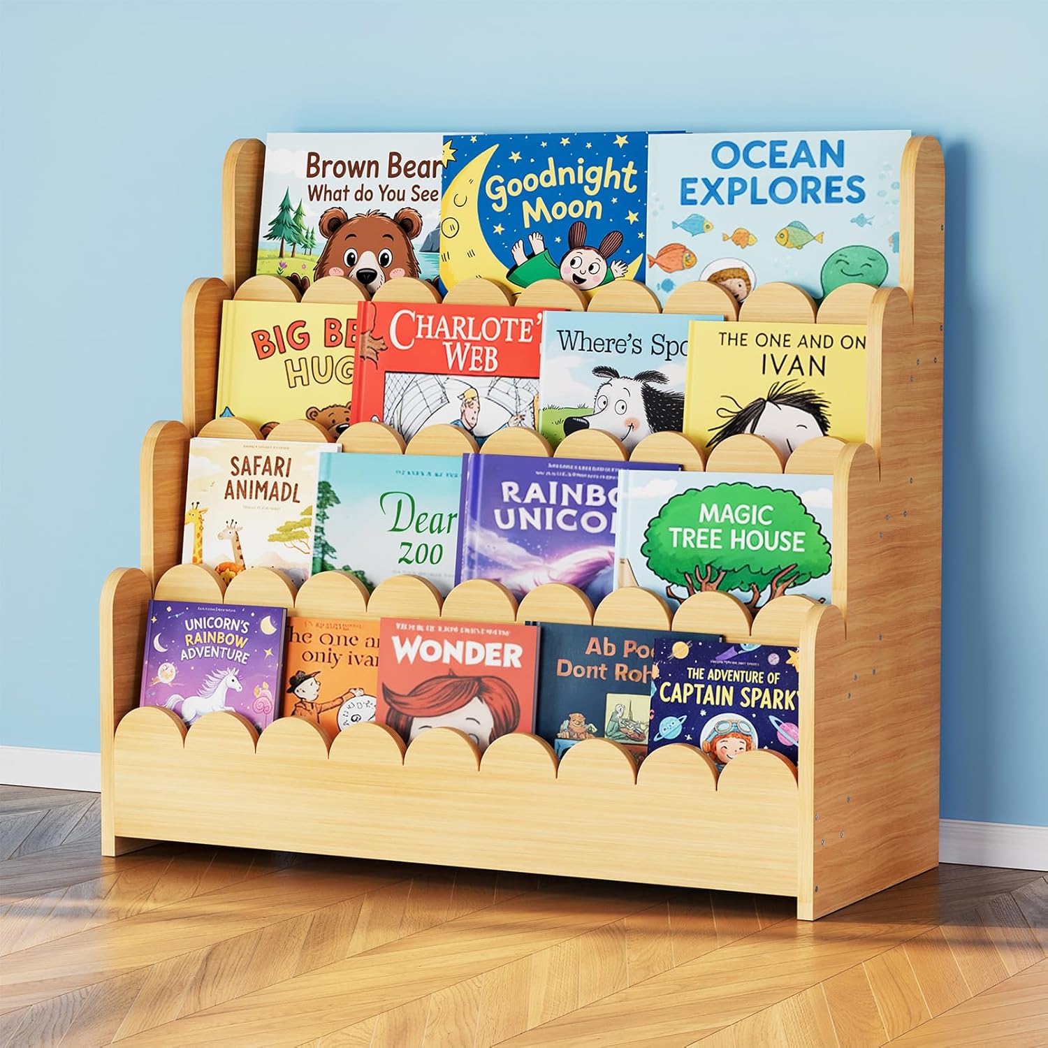 4 tier montessori bookshelf wooden front facing bookcase