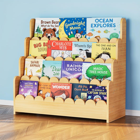 4 tier montessori bookshelf wooden front facing bookcase