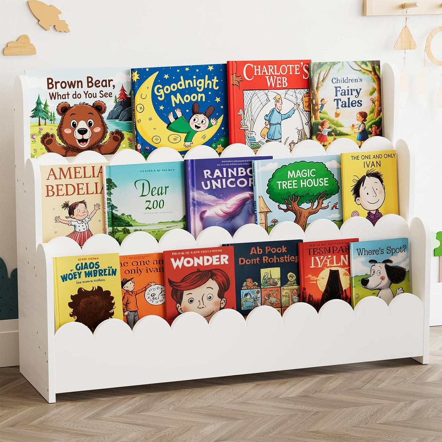 SpaceAid 3-Tier Montessori Bookshelf – Scalloped Front-Facing Book Shelf for Toddlers