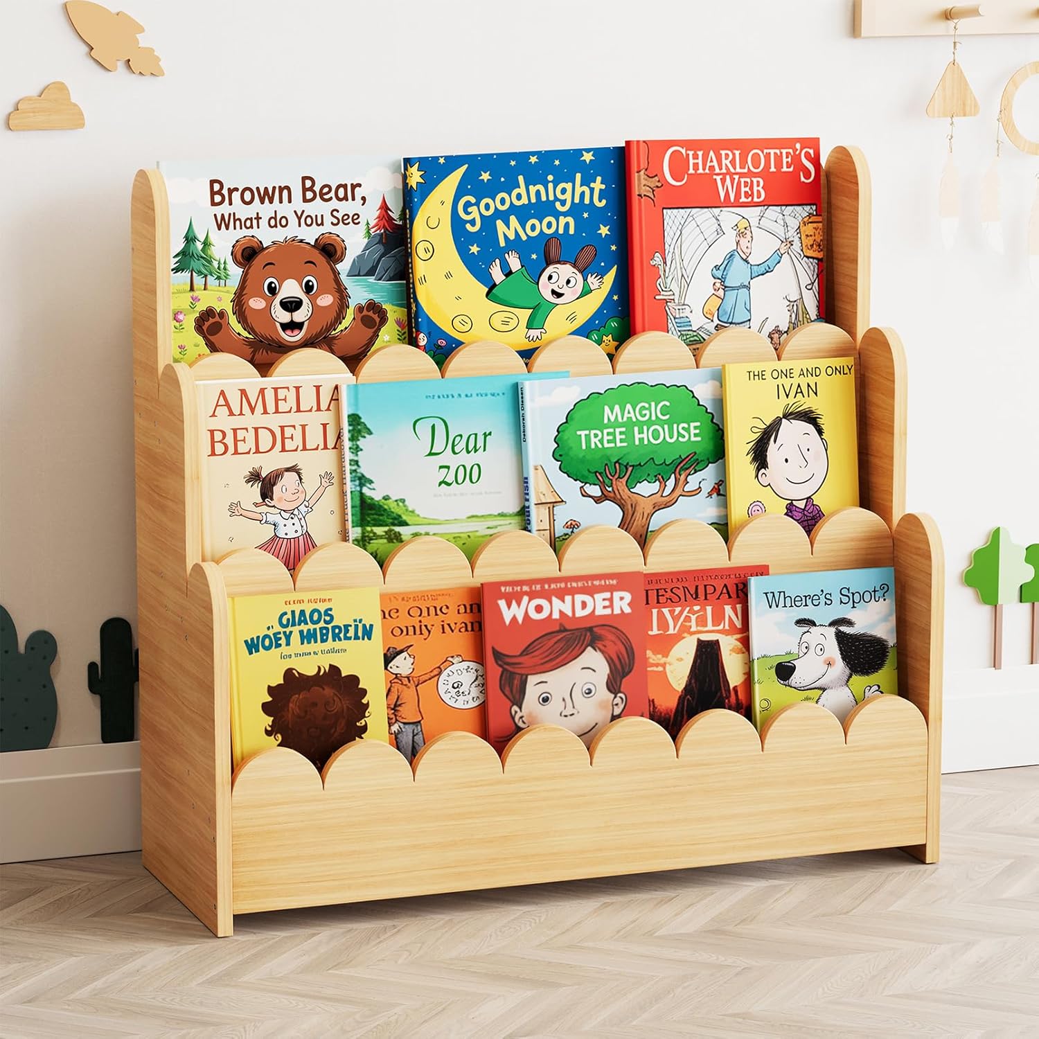 montessori bookshelf wooden front facing book display for toddlers