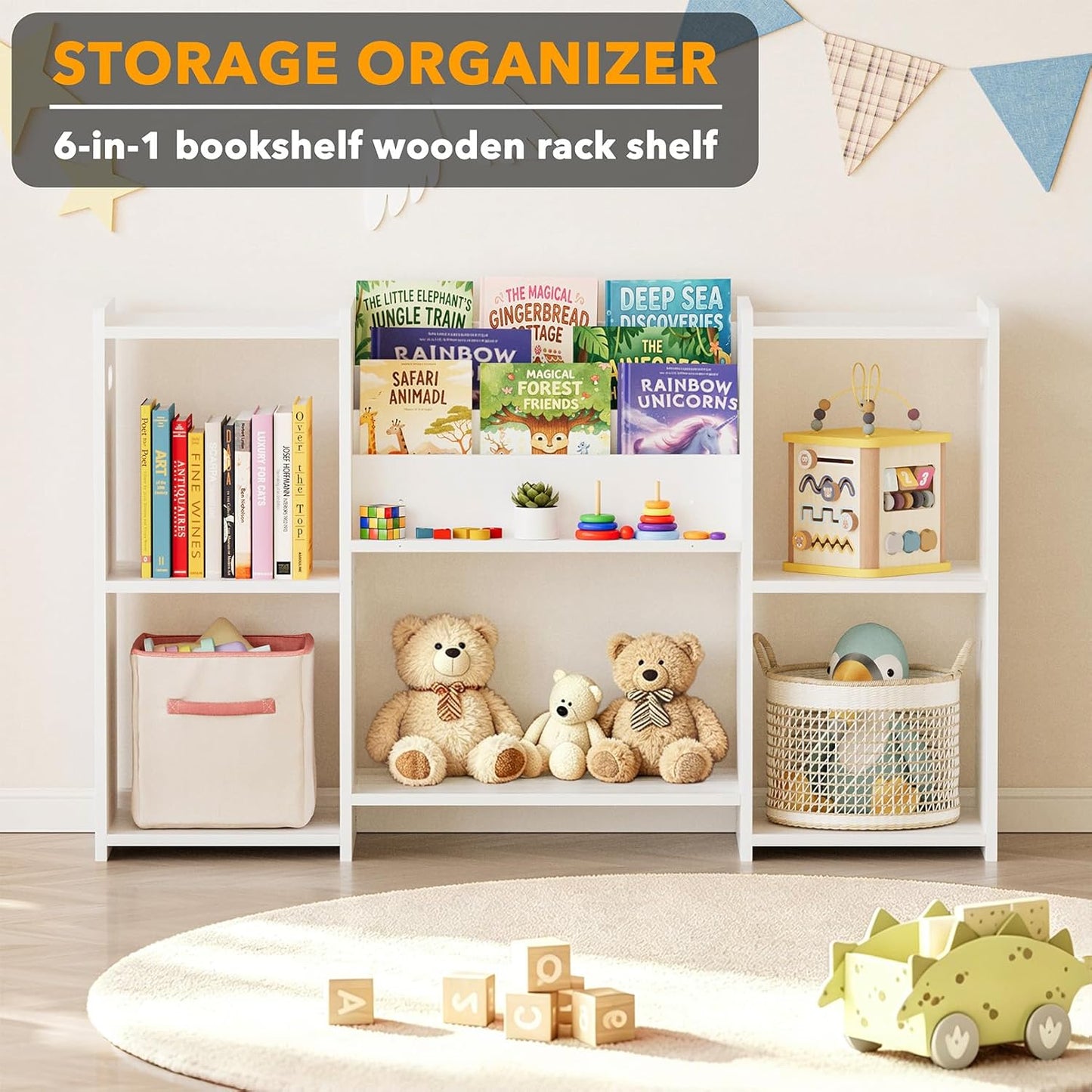 SpaceAid 6-in-1 Bookshelf Storage Organizer, Montessori Bookcase for Toddlers, Wooden Book Rack Shelf Cabinet Furniture for Kids Rooms, Playroom, Nursery and Classroom, 45.6“ Wide