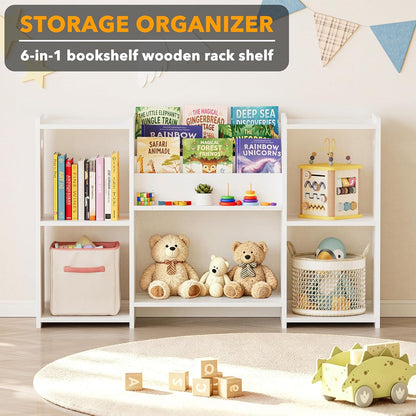 SpaceAid 6-in-1 Bookshelf Storage Organizer, Montessori Bookcase for Toddlers, Wooden Book Rack Shelf Cabinet Furniture for Kids Rooms, Playroom, Nursery and Classroom, 45.6“ Wide