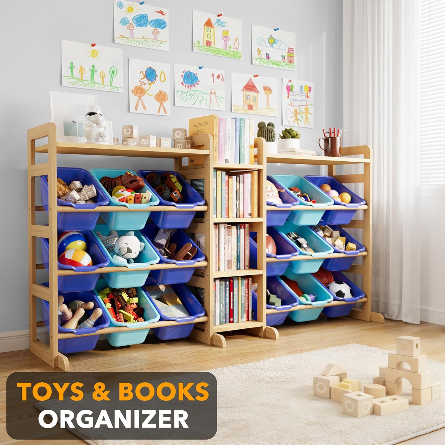 SpaceAid Large Toy Storage Organizer with 6 Shelves and 18 Bins, Book Shelf Organizers Storage Bookshelf, Kids Bin Shelf Box Bookcase for Bedroom Playroom Organization Room Decor, White