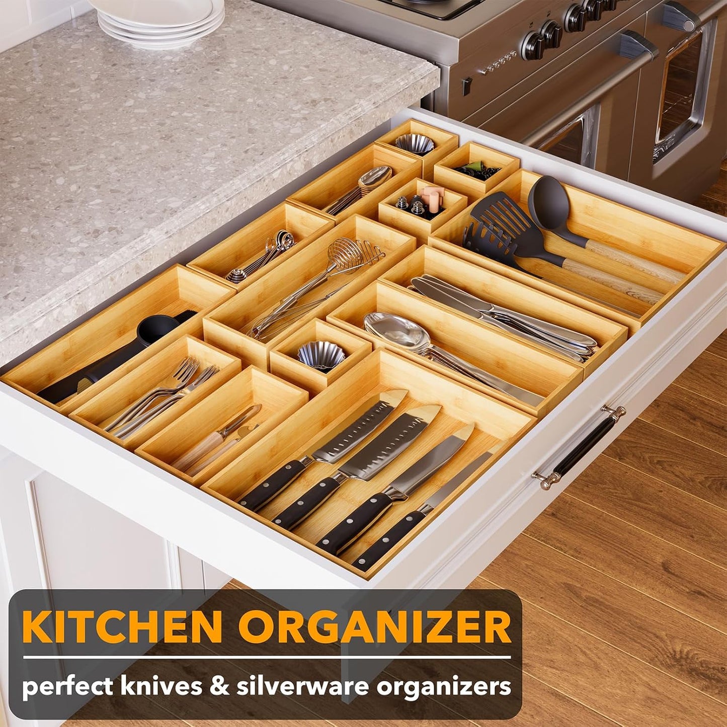 14-Piece Bamboo Drawer Organizer Storage Boxes Set