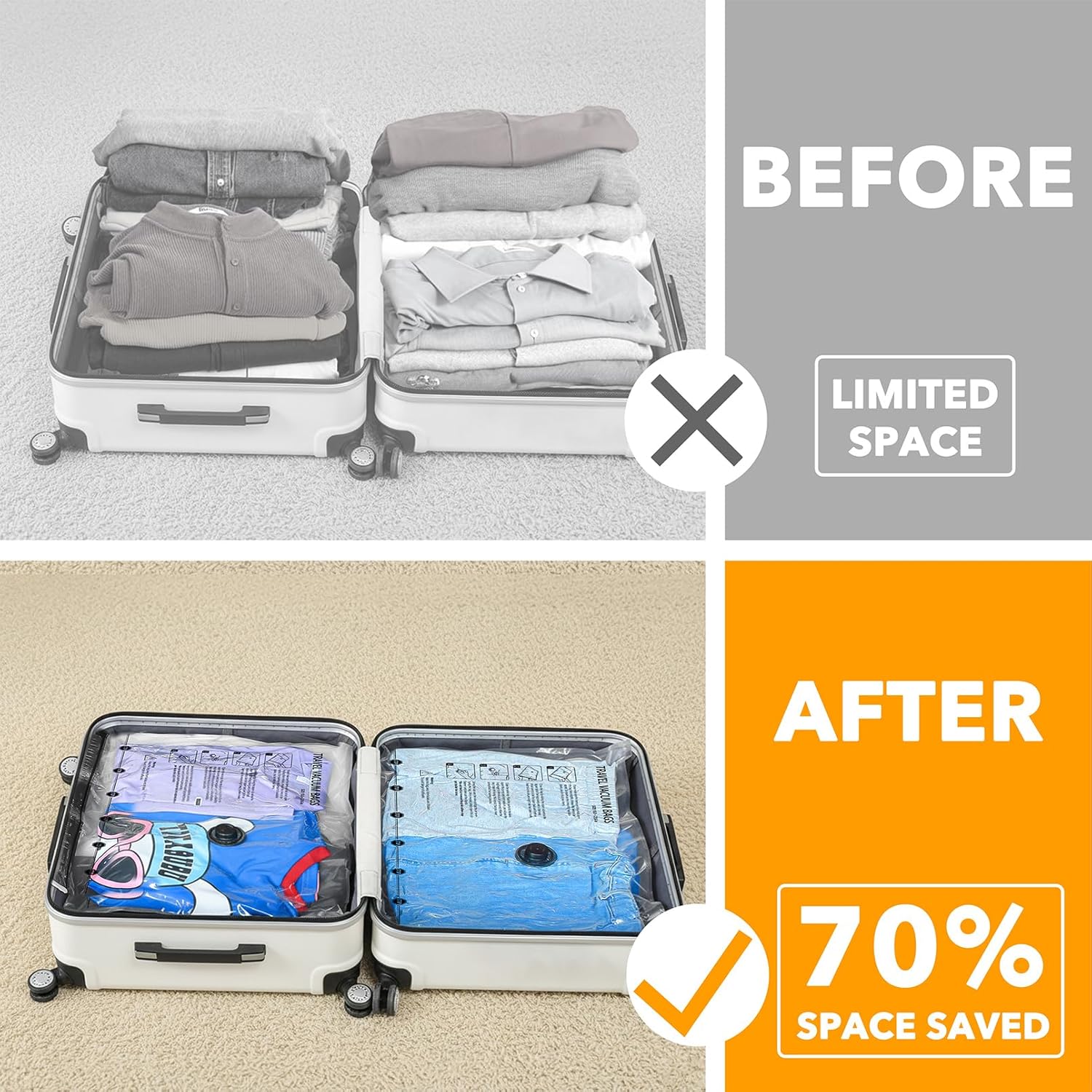 Comparison of a suitcase before and after using packing cubes, with text indicating space saved.