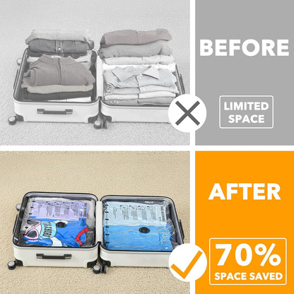 Comparison of a suitcase before and after using packing cubes, with text indicating space saved.