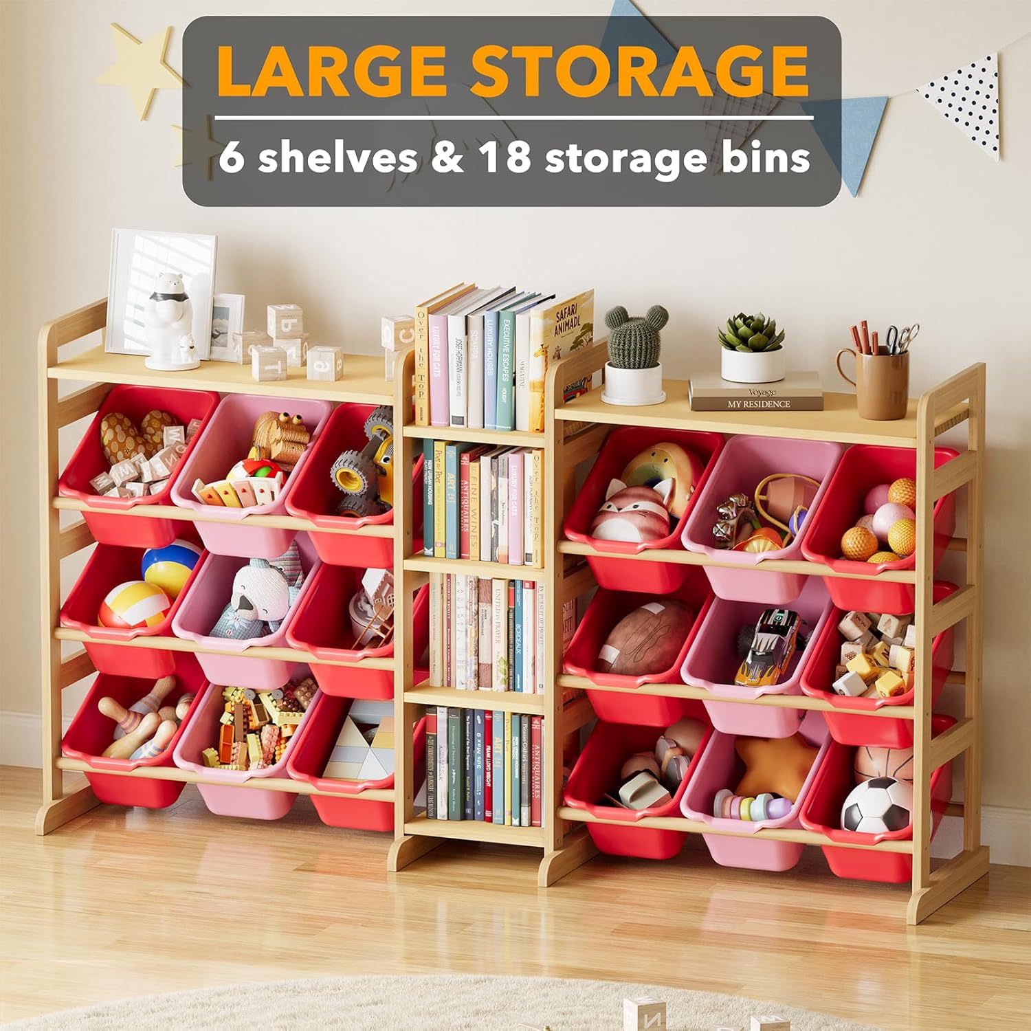 SpaceAid Large Toy Storage Organizer with 6 Shelves and 18 Bins, Book Shelf Organizers Storage Bookshelf, Kids Bin Shelf Box Bookcase for Bedroom Playroom Organization Room Decor, White