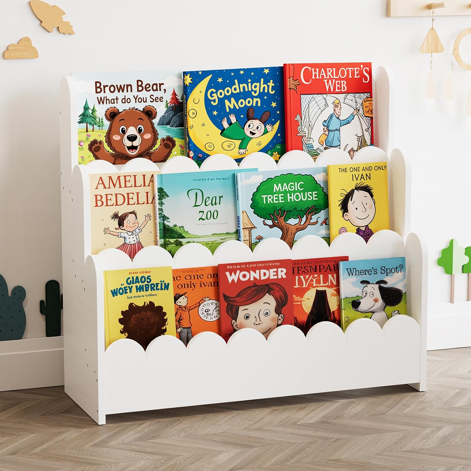 montessori bookshelf wooden front facing book display for toddlers White