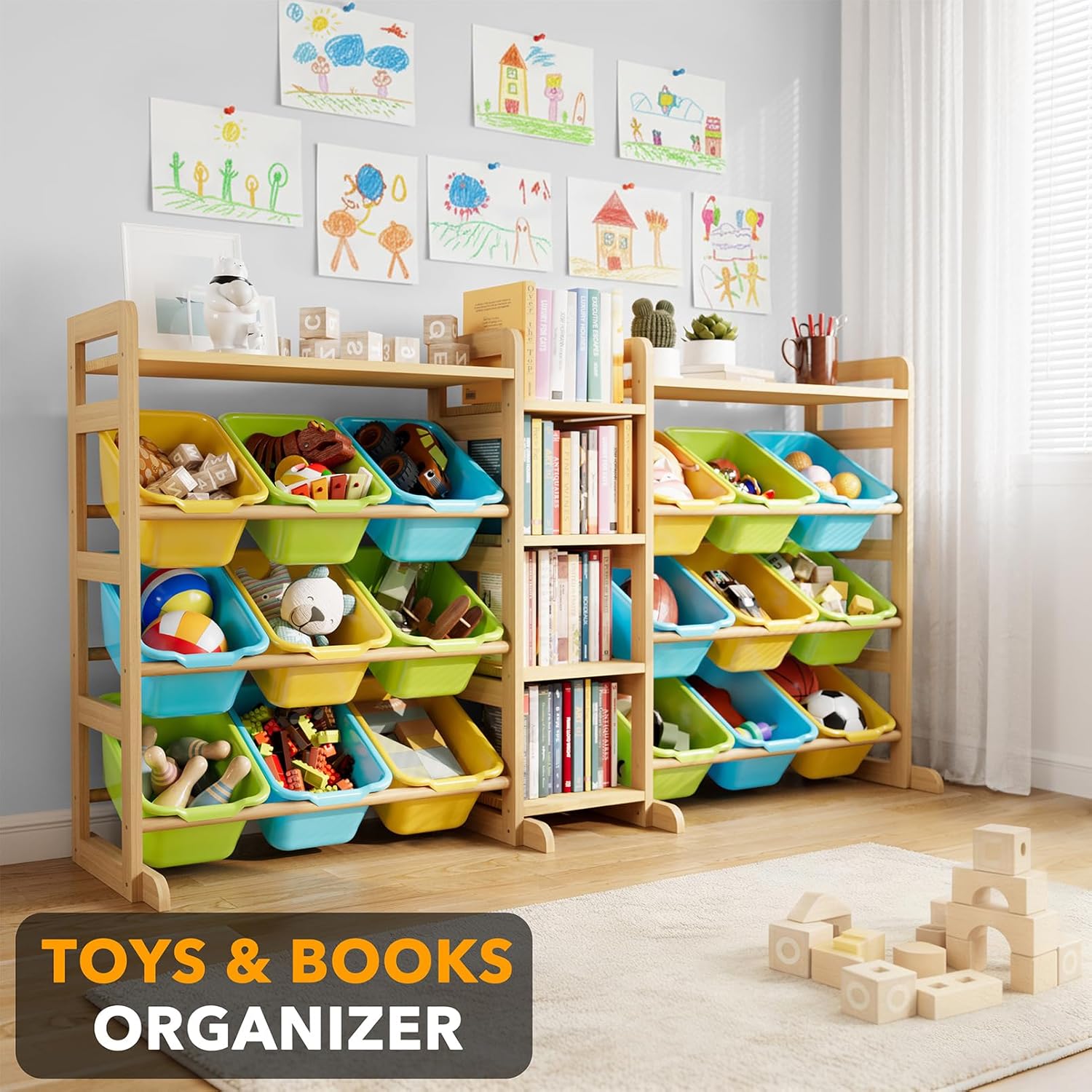 SpaceAid Large Toy Storage Organizer with 6 Shelves and 18 Bins, Book Shelf Organizers Storage Bookshelf, Kids Bin Shelf Box Bookcase for Bedroom Playroom Organization Room Decor, White