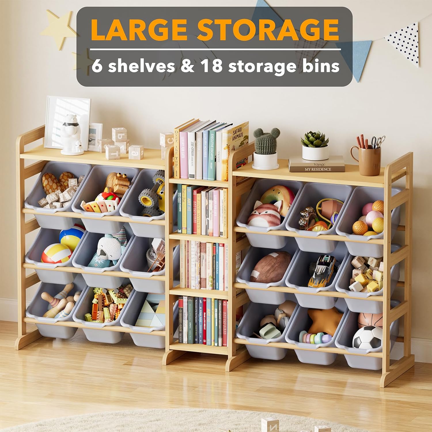 SpaceAid Large Toy Storage Organizer with 6 Shelves and 18 Bins, Book Shelf Organizers Storage Bookshelf, Kids Bin Shelf Box Bookcase for Bedroom Playroom Organization Room Decor, White