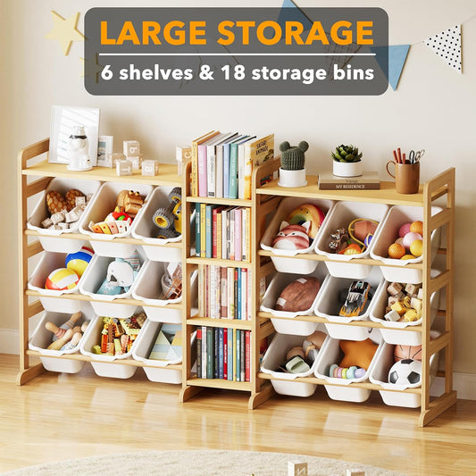 SpaceAid Large Toy Storage Organizer with 6 Shelves and 18 Bins, Book Shelf Organizers Storage Bookshelf, Kids Bin Shelf Box Bookcase for Bedroom Playroom Organization Room Decor, White