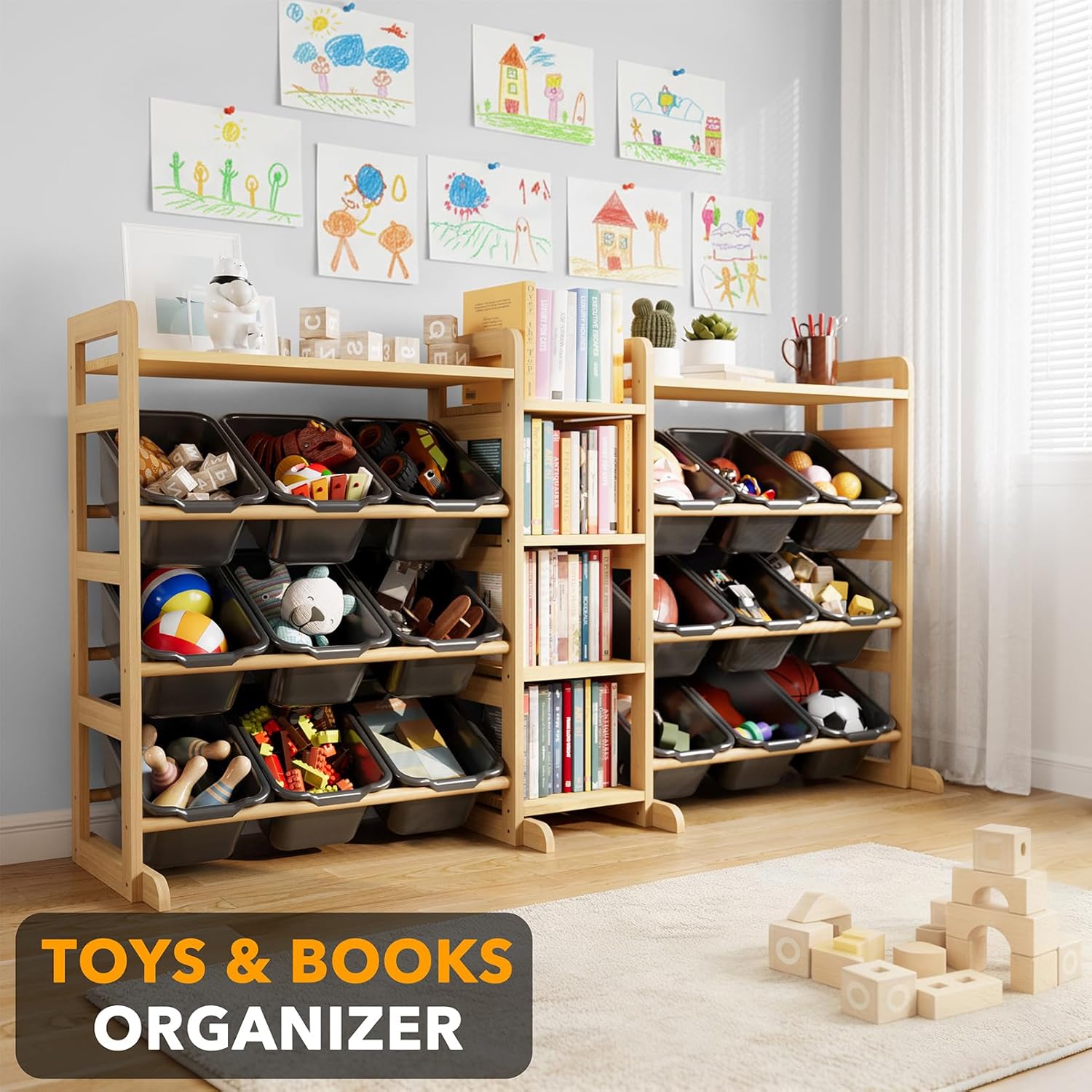 SpaceAid Large Toy Storage Organizer with 6 Shelves and 18 Bins, Book Shelf Organizers Storage Bookshelf, Kids Bin Shelf Box Bookcase for Bedroom Playroom Organization Room Decor, White