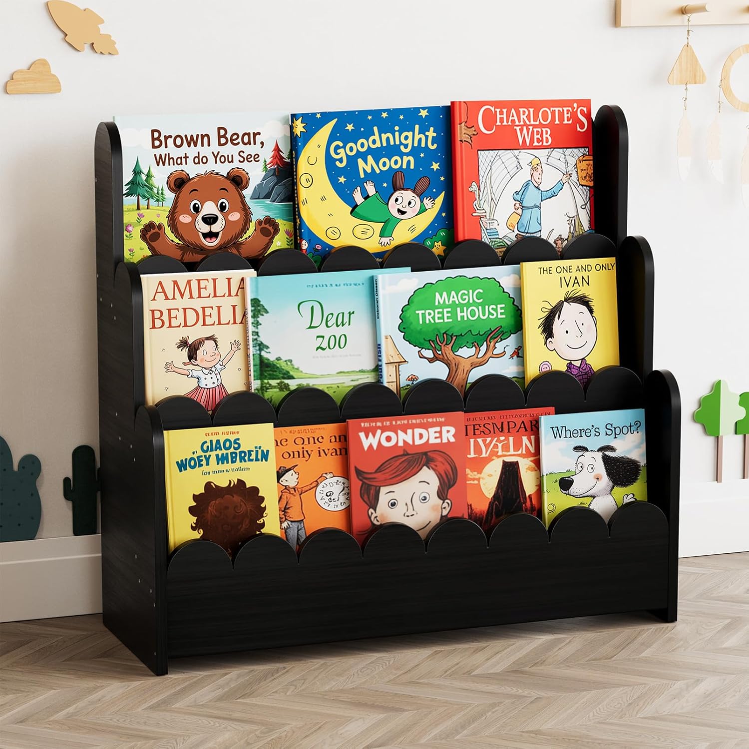 montessori bookshelf wooden front facing book display for toddlers Black