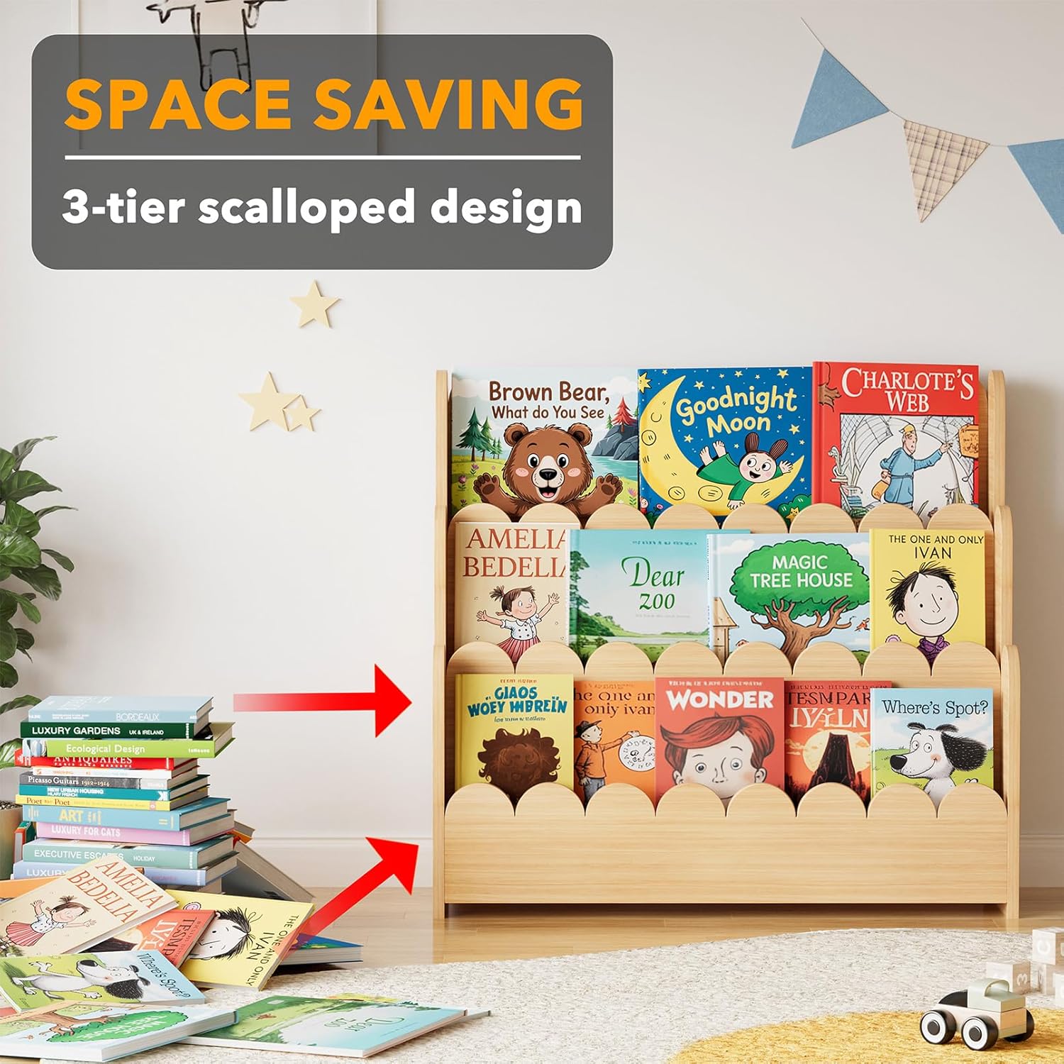 scalloped wooden bookshelf for kids room