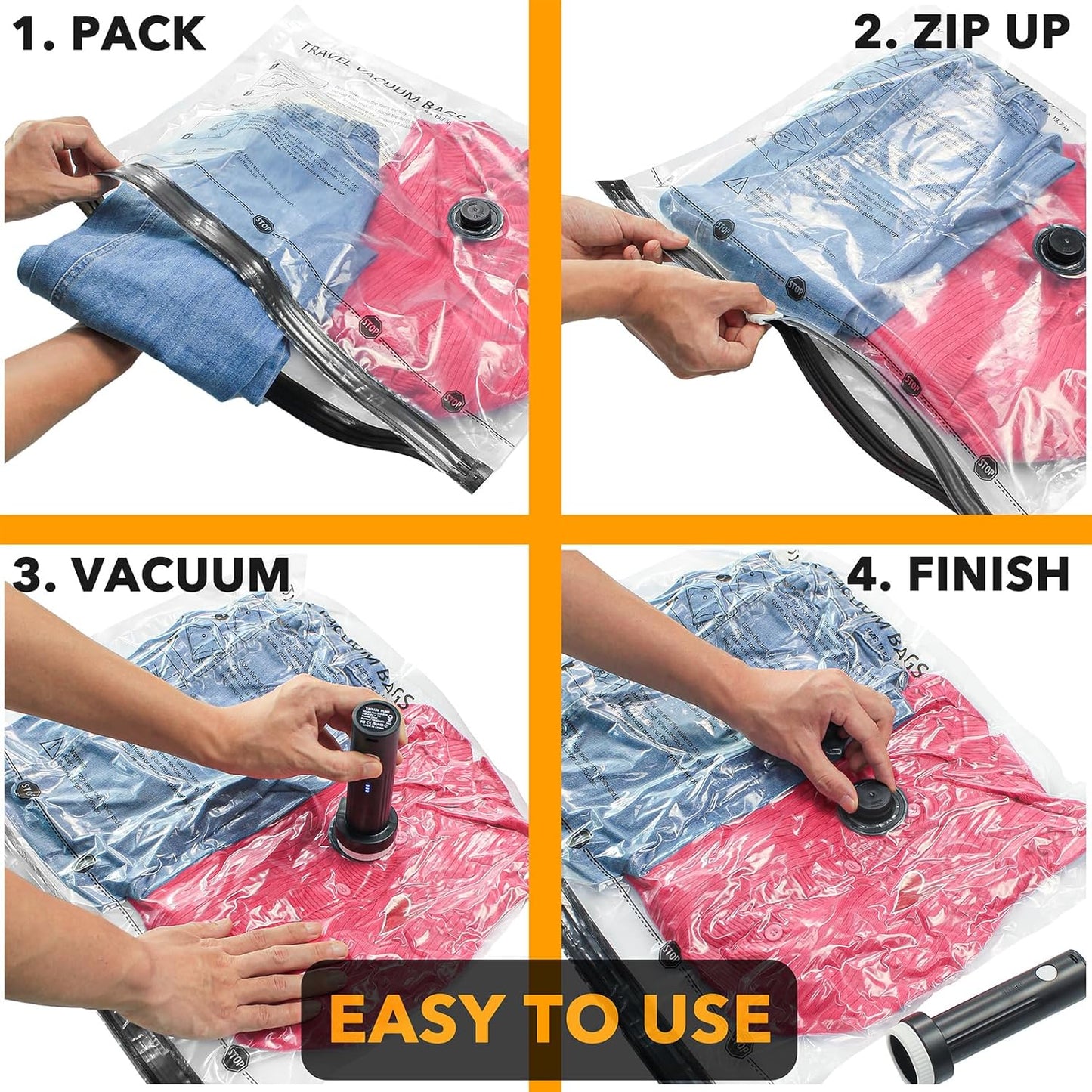 Step-by-step process of using a vacuum bag to compress clothes, with text indicating each step.