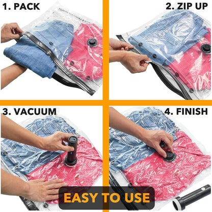 Step-by-step process of using a vacuum bag to compress clothes, with text indicating each step.