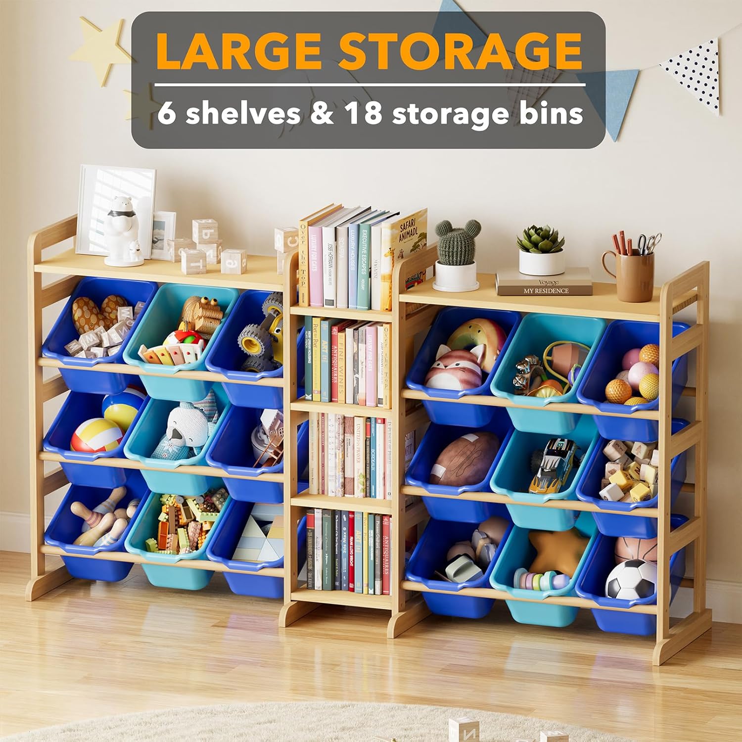 SpaceAid Large Toy Storage Organizer with 6 Shelves and 18 Bins, Book Shelf Organizers Storage Bookshelf, Kids Bin Shelf Box Bookcase for Bedroom Playroom Organization Room Decor, White