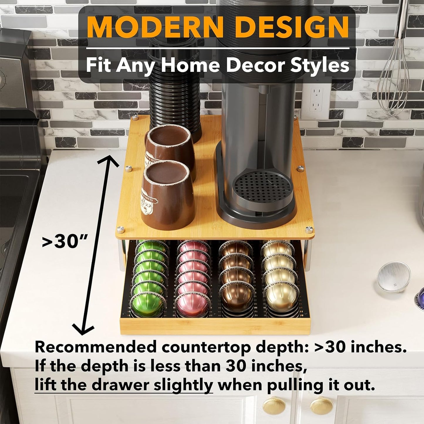 Coffee Pod Holder Drawer for Nespresso Vertuo, Bamboo & Metal Under-Coffee-Machine Organizer, Fits 40 Large or 56 Small Pods