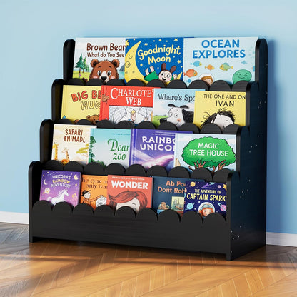 Bookshelf with children's books against a blue wall