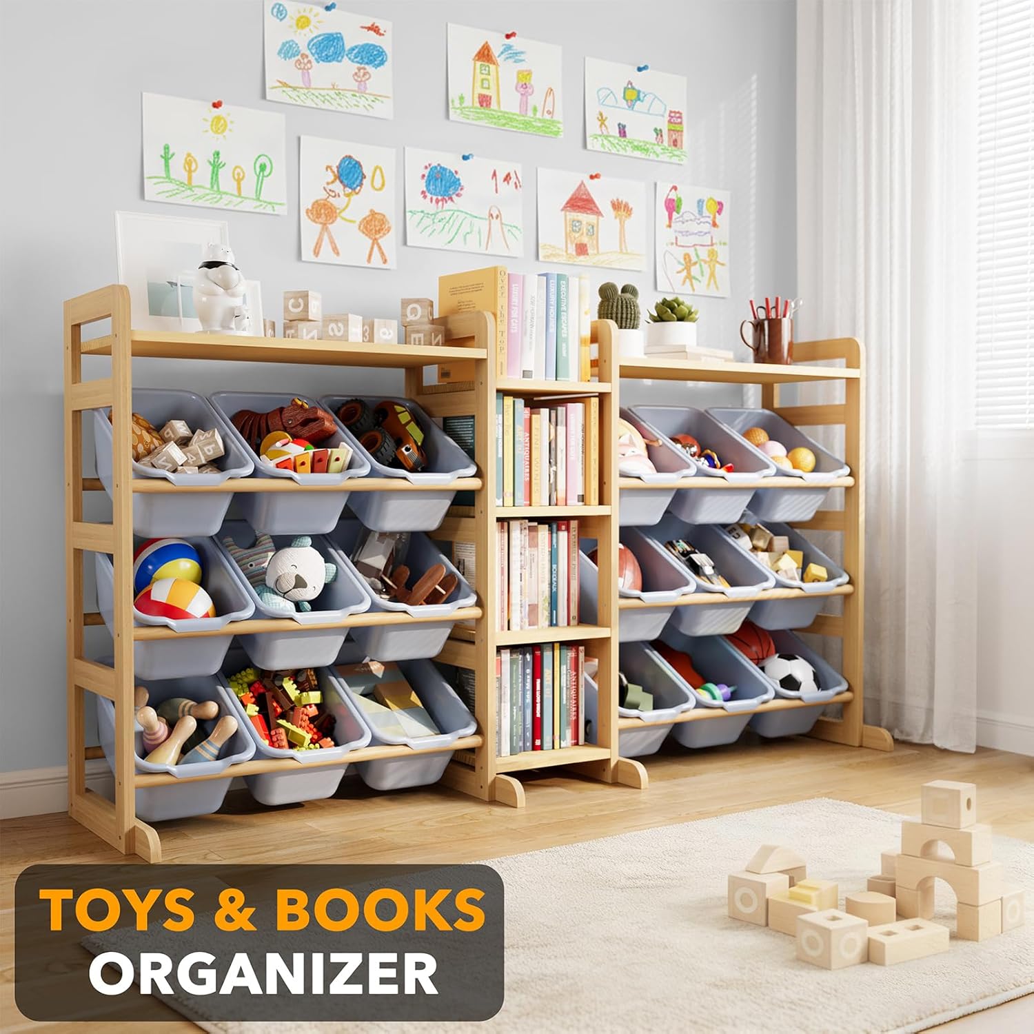 SpaceAid Large Toy Storage Organizer with 6 Shelves and 18 Bins, Book Shelf Organizers Storage Bookshelf, Kids Bin Shelf Box Bookcase for Bedroom Playroom Organization Room Decor, White