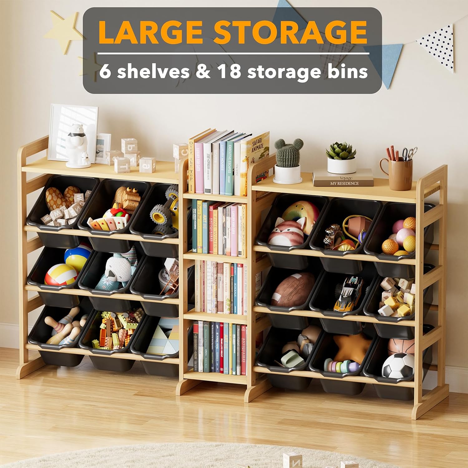 SpaceAid Large Toy Storage Organizer with 6 Shelves and 18 Bins, Book Shelf Organizers Storage Bookshelf, Kids Bin Shelf Box Bookcase for Bedroom Playroom Organization Room Decor, White