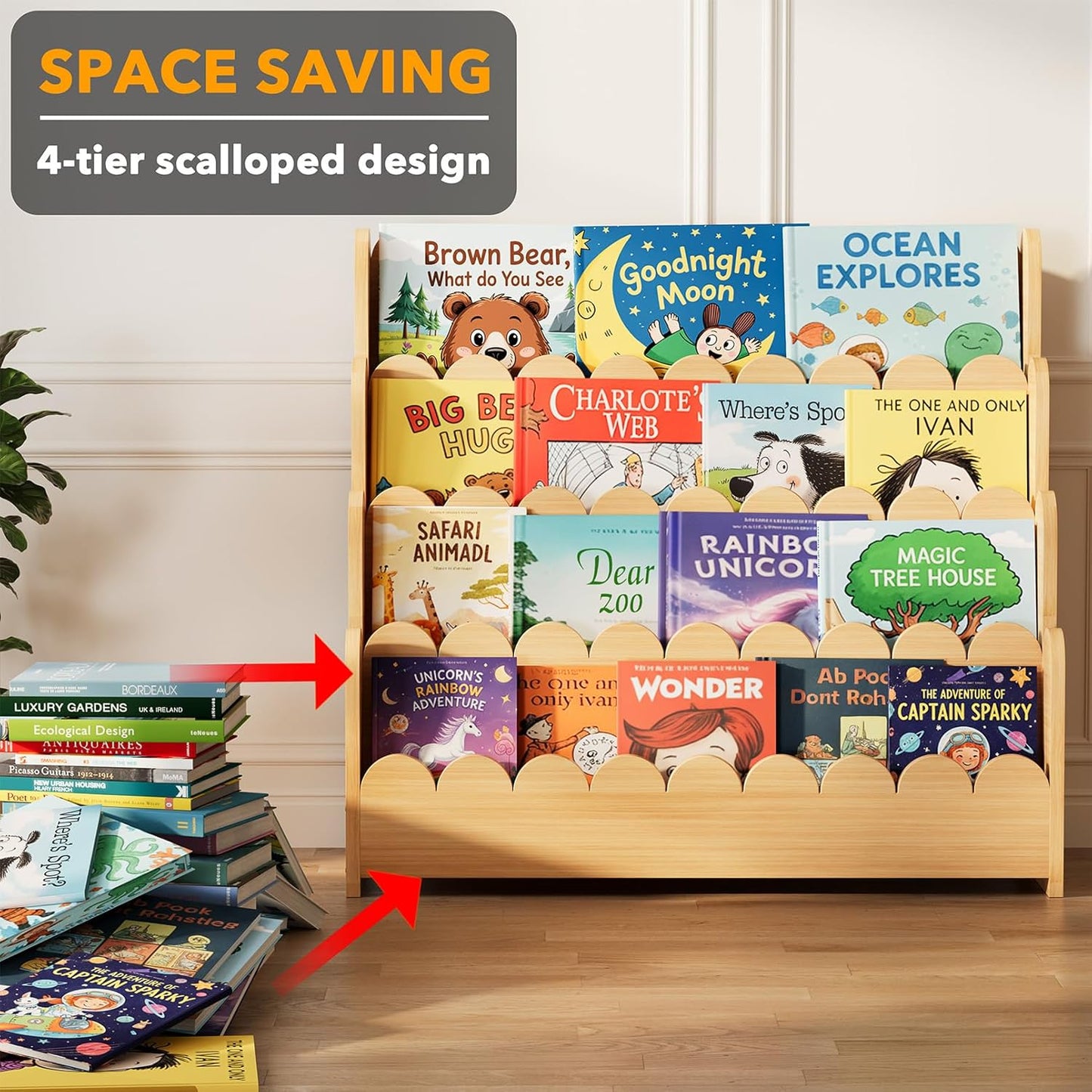 Wooden bookshelf with children's books on a wooden floor, labeled 'Space Saving 4-tier scalloped design'.