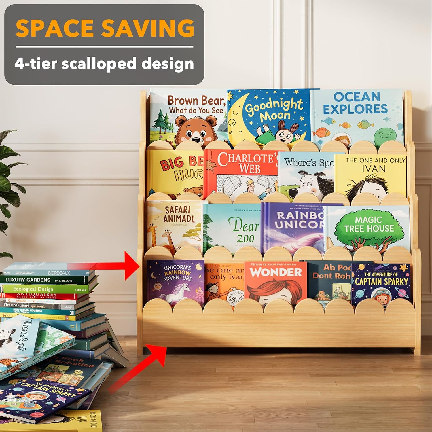 Wooden bookshelf with children's books on a wooden floor, labeled 'Space Saving 4-tier scalloped design'.
