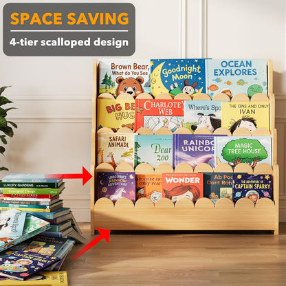 Wooden bookshelf with children's books on a wooden floor, labeled 'Space Saving 4-tier scalloped design'.