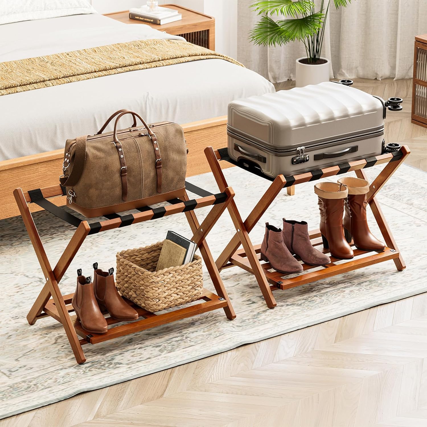 Fully Assembled Bamboo Foldable Luggage Rack with Storage Shelf, Walnut 2Pc