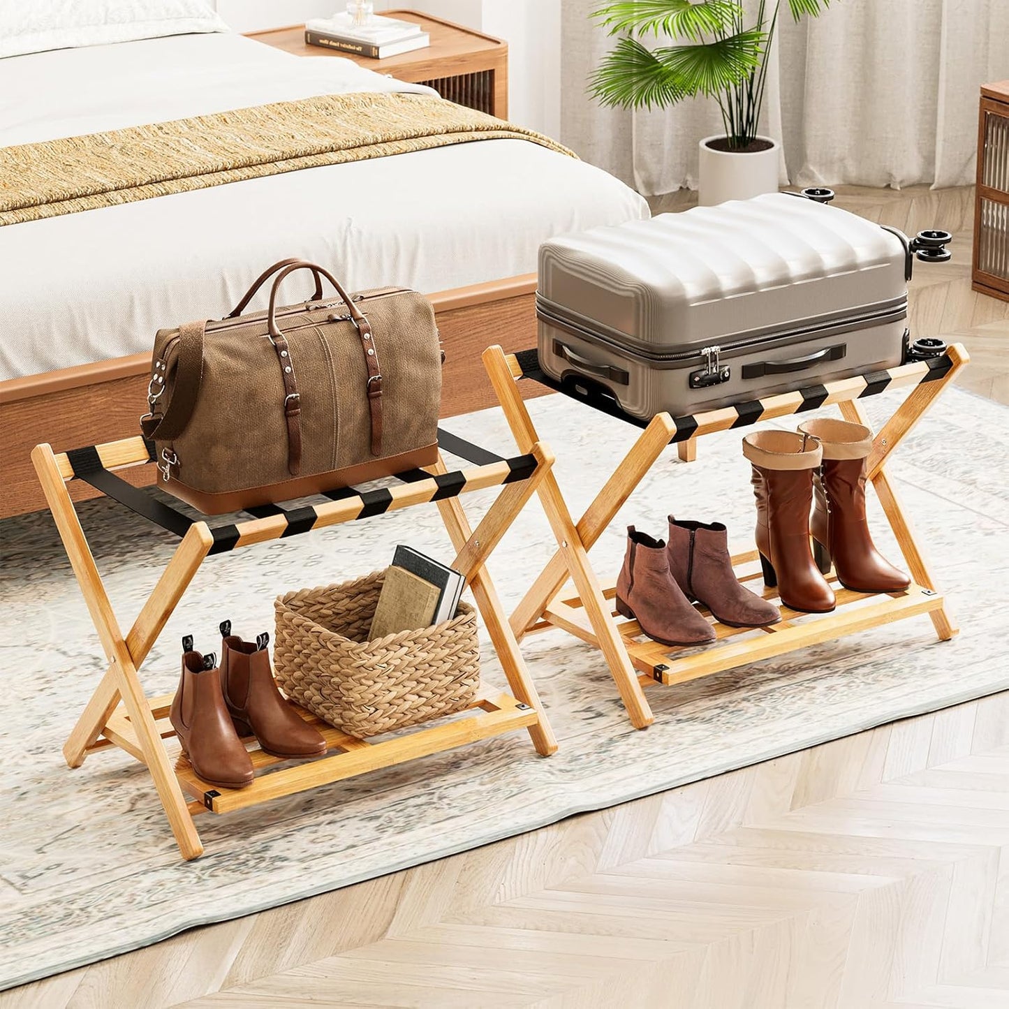 Fully Assembled Bamboo Foldable Luggage Rack with Storage Shelf, Natural 2Pc