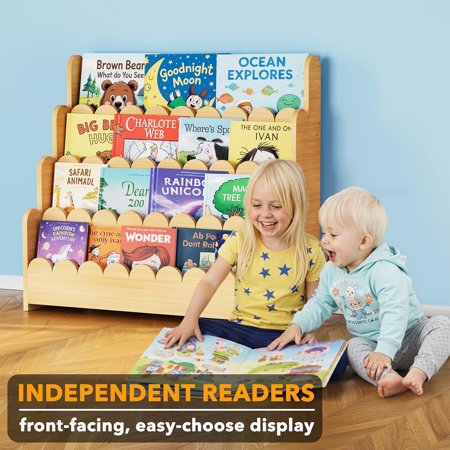 Children playing with books on a wooden bookshelf against a light blue wall.