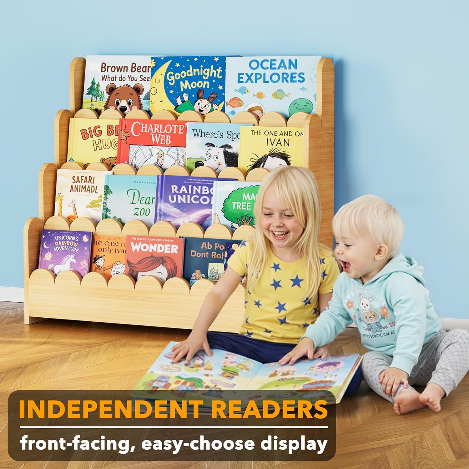 Children playing with books on a wooden bookshelf against a light blue wall.