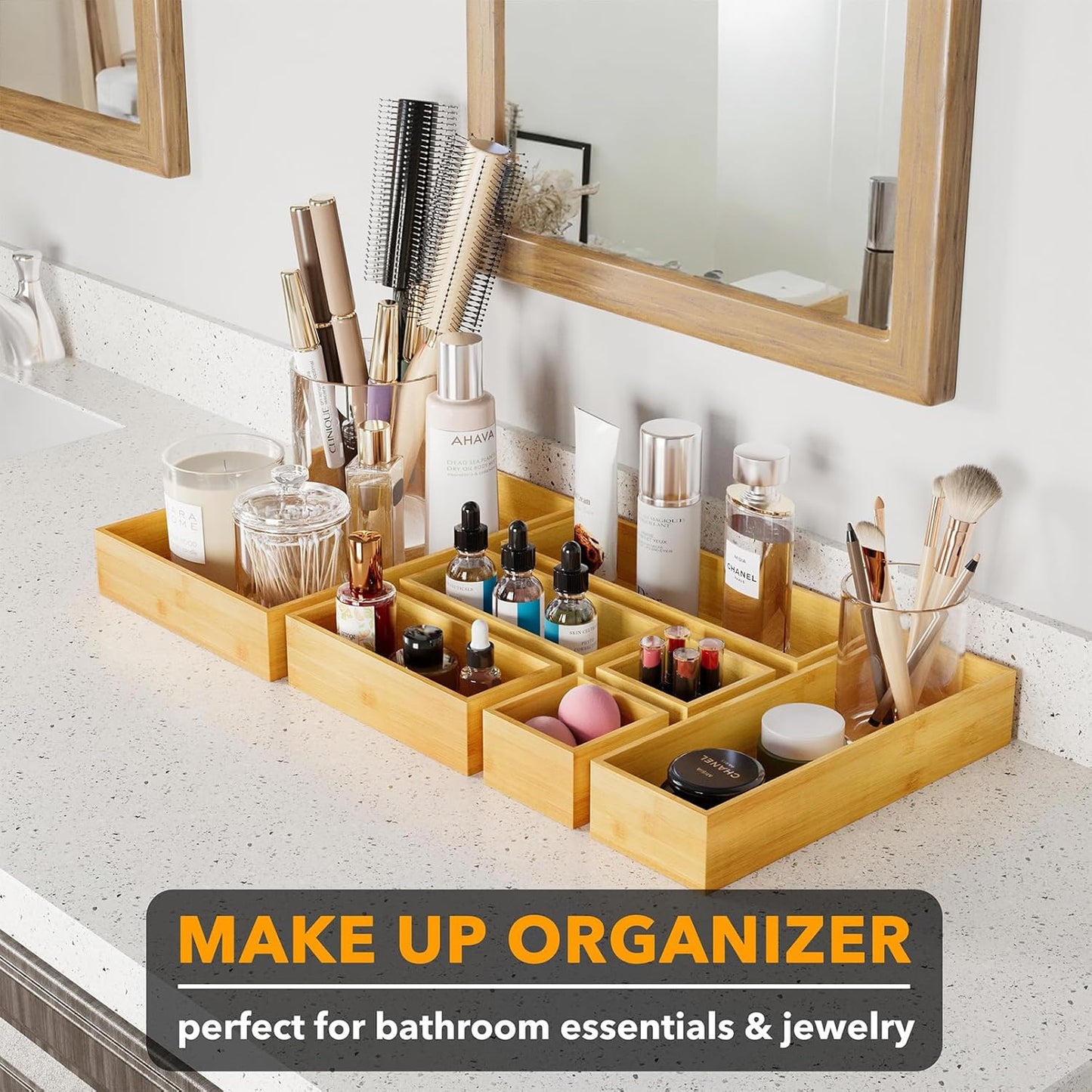 7-Piece Bamboo Drawer Organizer Set with Wood Trays