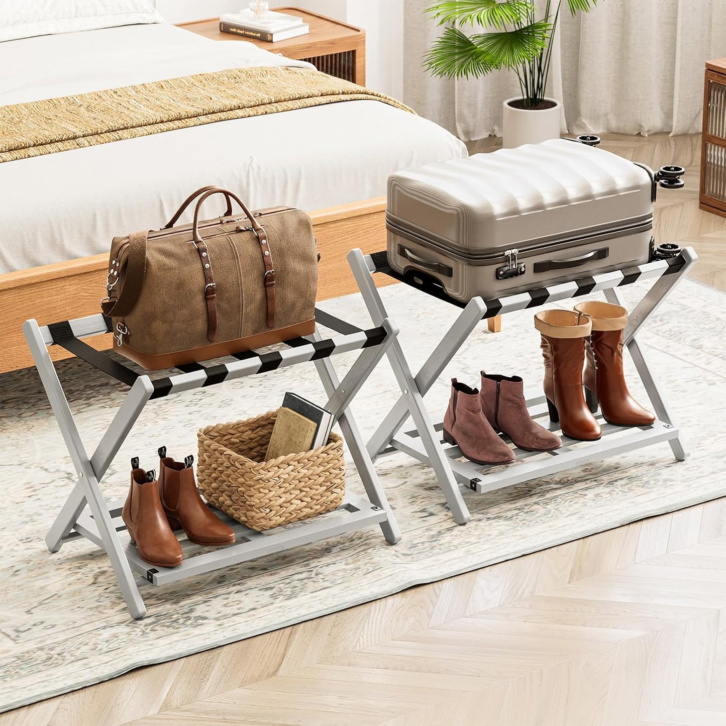 Fully Assembled Bamboo Foldable Luggage Rack with Storage Shelf, Gray 2Pc