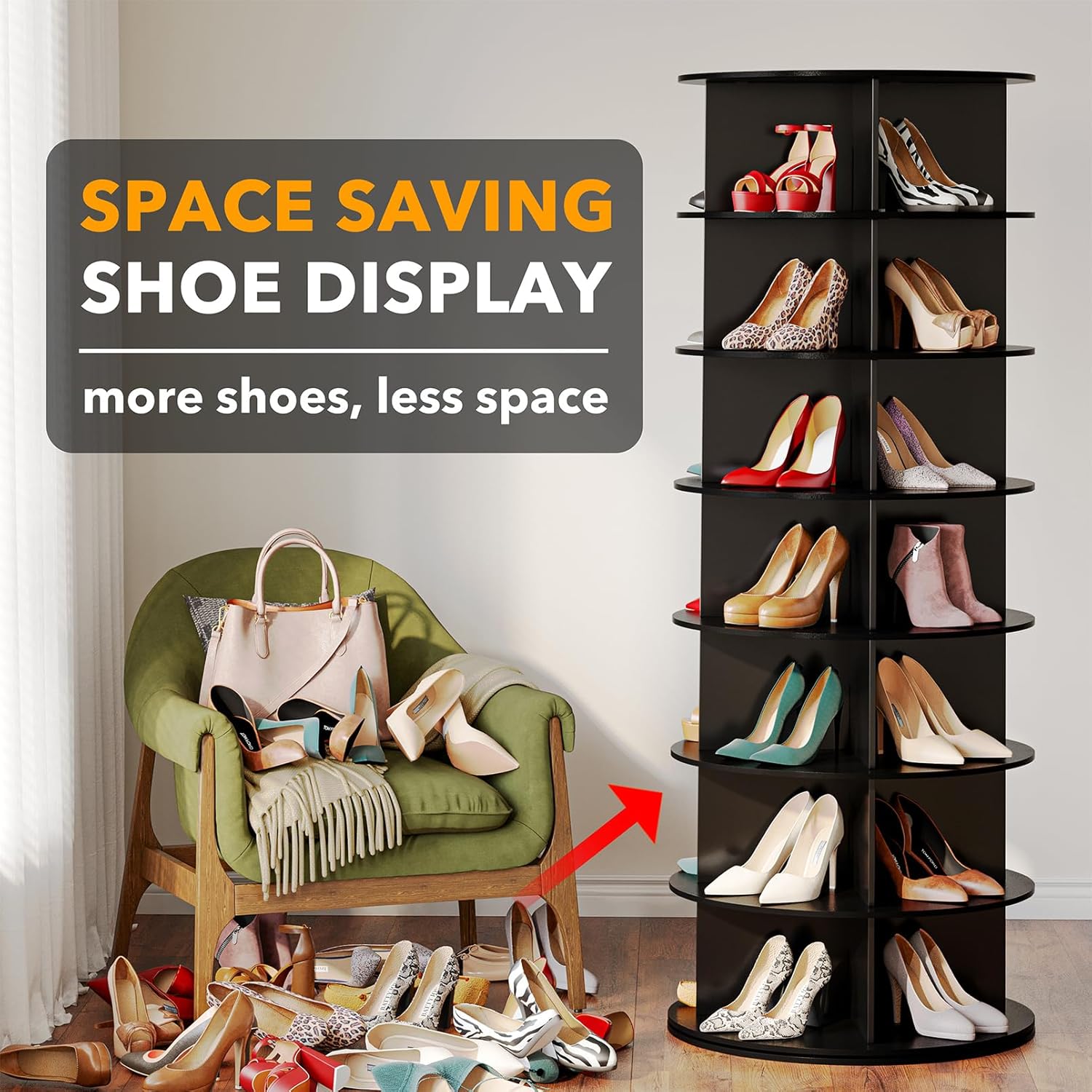 Black 7-Tier Rotating Shoe Rack for Closet