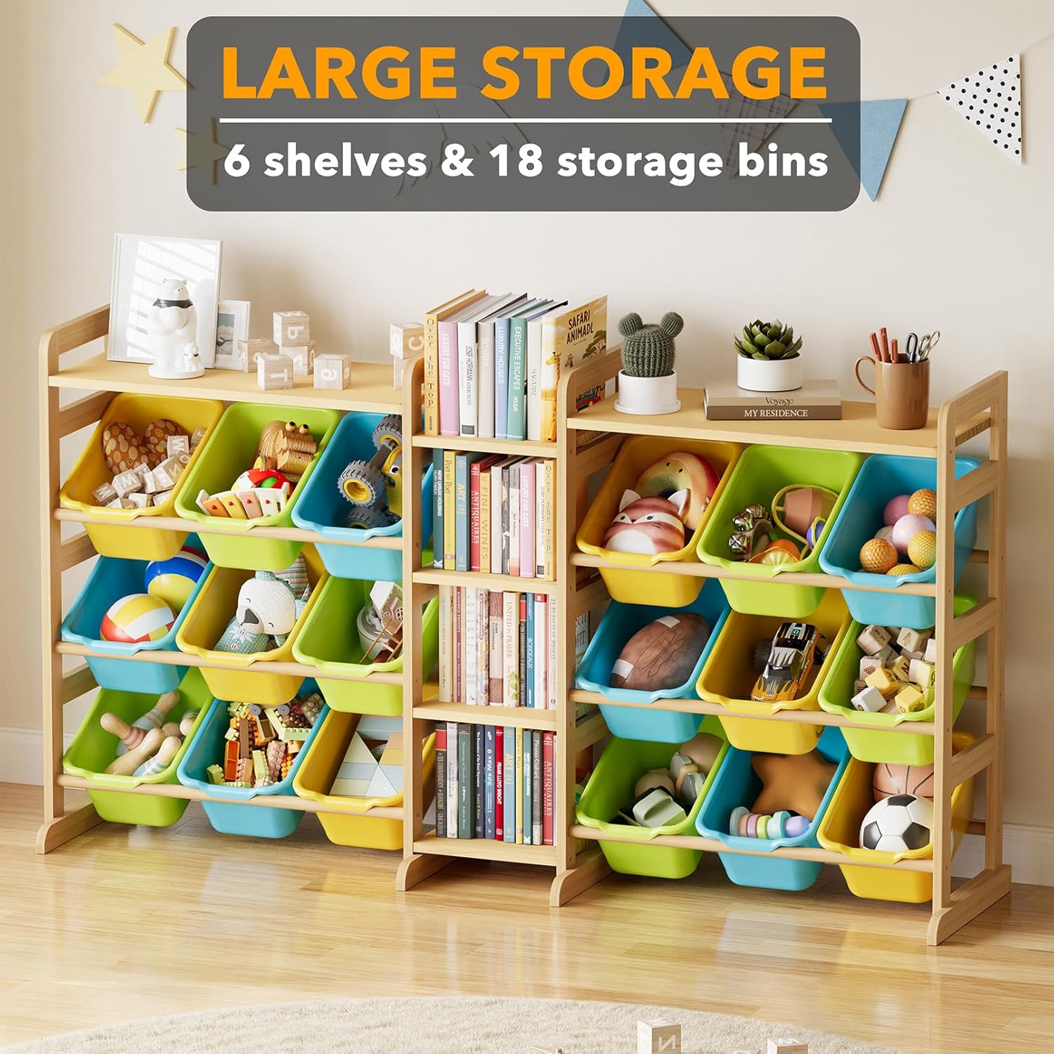 SpaceAid Large Toy Storage Organizer with 6 Shelves and 18 Bins, Book Shelf Organizers Storage Bookshelf, Kids Bin Shelf Box Bookcase for Bedroom Playroom Organization Room Decor, White