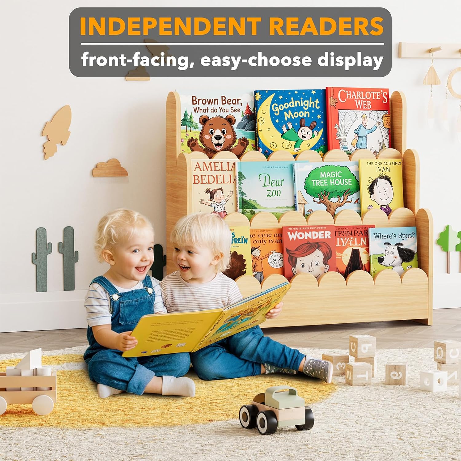 montessori bookshelf in kids room front facing book display