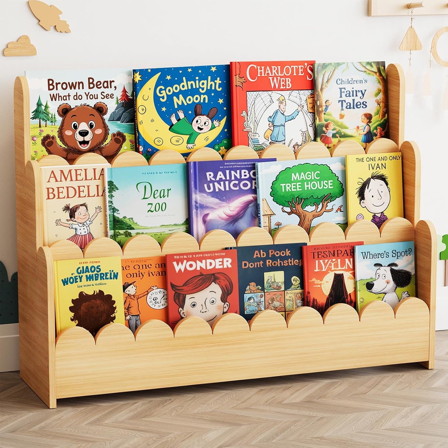 montessori bookshelf wooden front facing book display for toddlers Extra Wide