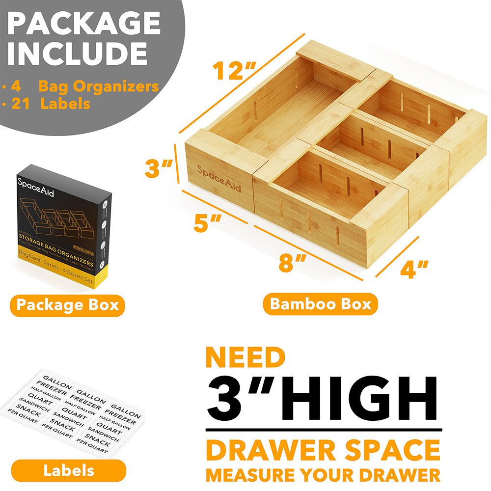 Best SpaceAid Bamboo Storage Bag Organizer for Kitchen Drawer, 4 Pack, White