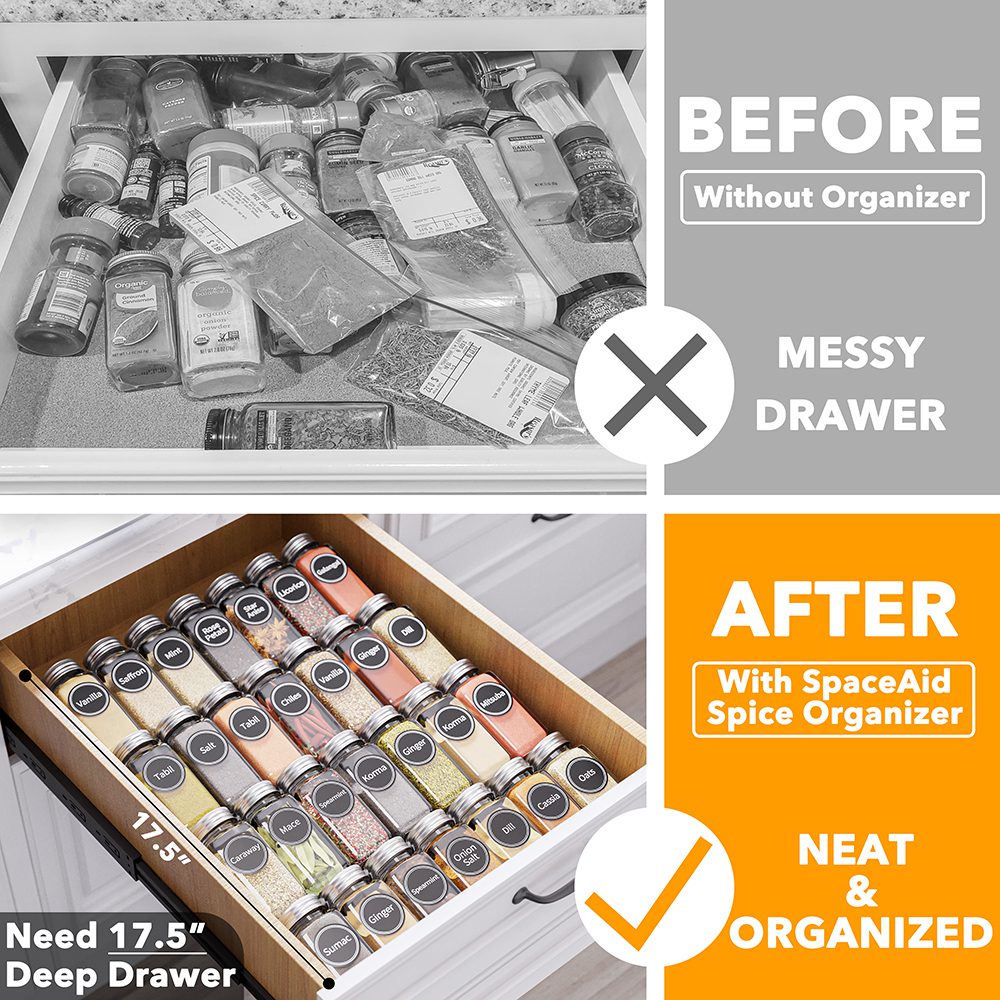 SpaceAid® Spice Drawer Organizer with 28 Spice Jars Compact Spice Rack