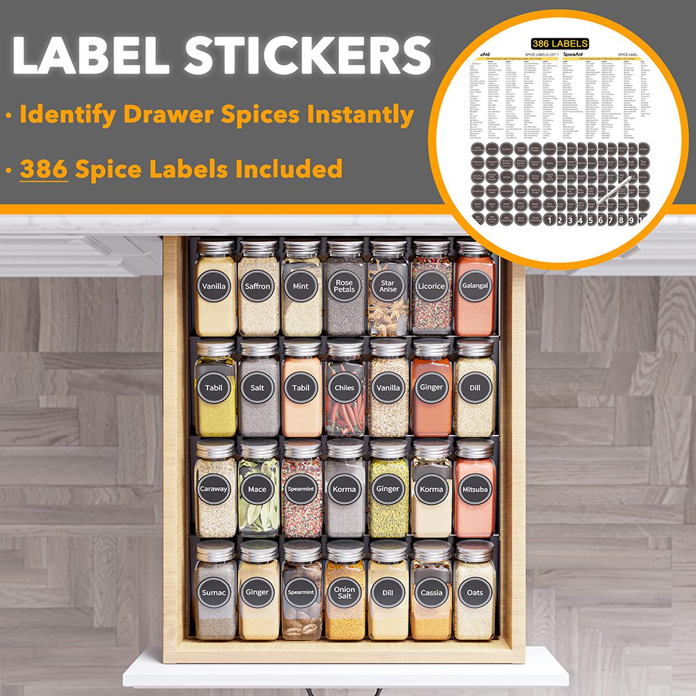GZOOGHOME Spice Drawer Organizer with 28 Spice Jars and 378 Spice Labels, Seasoning Rack Tray Insert for Kitchen Drawers, 128 Wide x 175 D