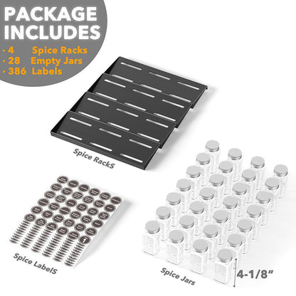 SpaceAid Spice Drawer Organizer with 28 Spice Jars, 386 Spice Labels and Chalk Marker, 4 Tier Seasoning Rack Tray Insert for Kitchen Drawers, 128 Wide