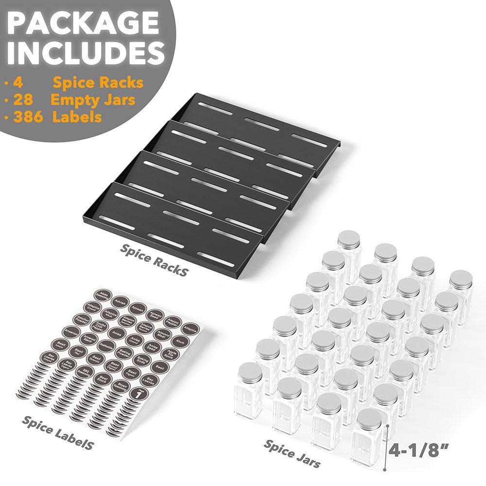 SpaceAid Spice Drawer Organizer with 24 Spice Jars, 378 White Minimalist  Spice Labels, 4 Tier Seasoning Rack Tray Insert for Kitchen Drawers, 11.25