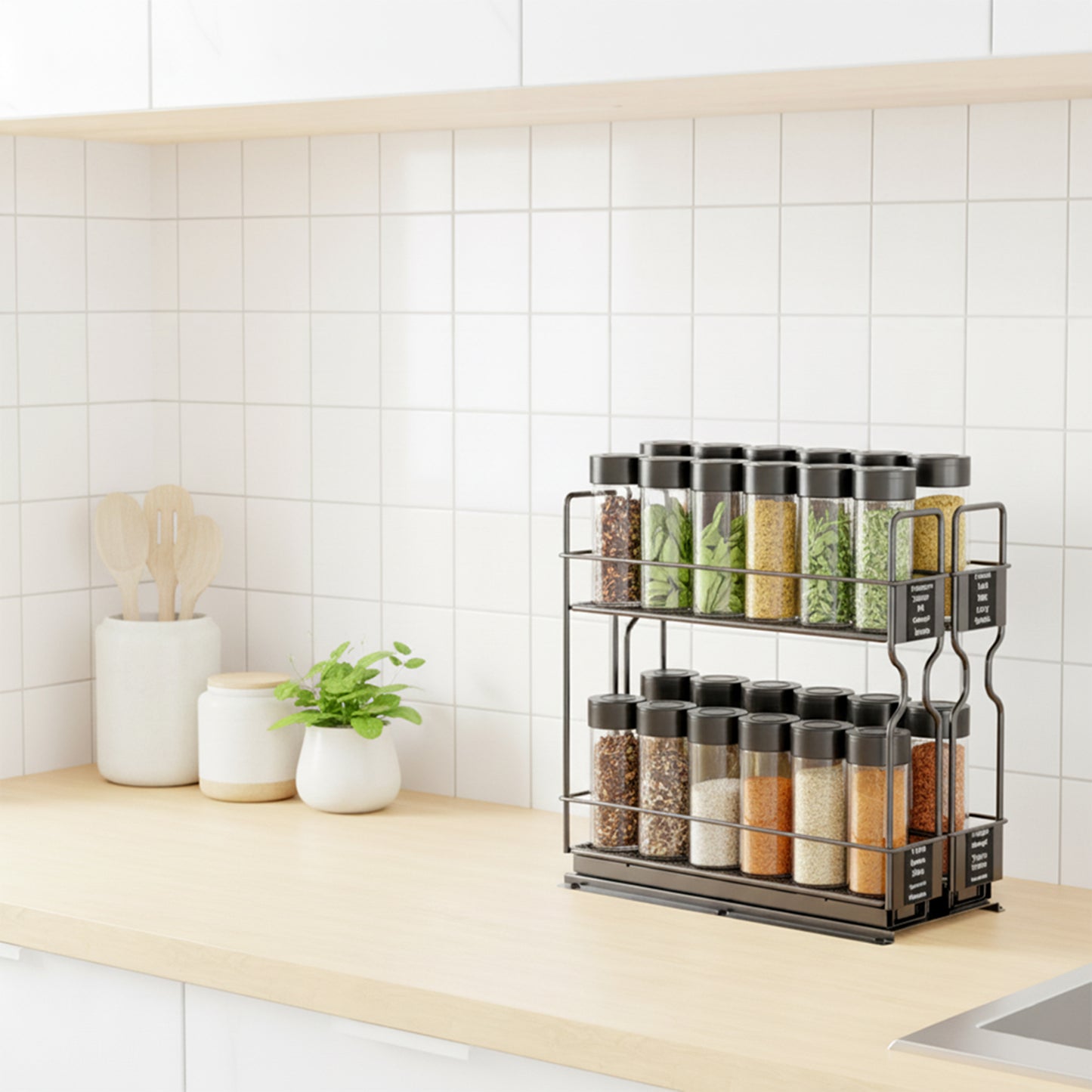 SpaceAid® Pull Out Spice Rack Heavy Duty Slide Out Spice Cabinet Organizers 2 Drawers 2-Tier