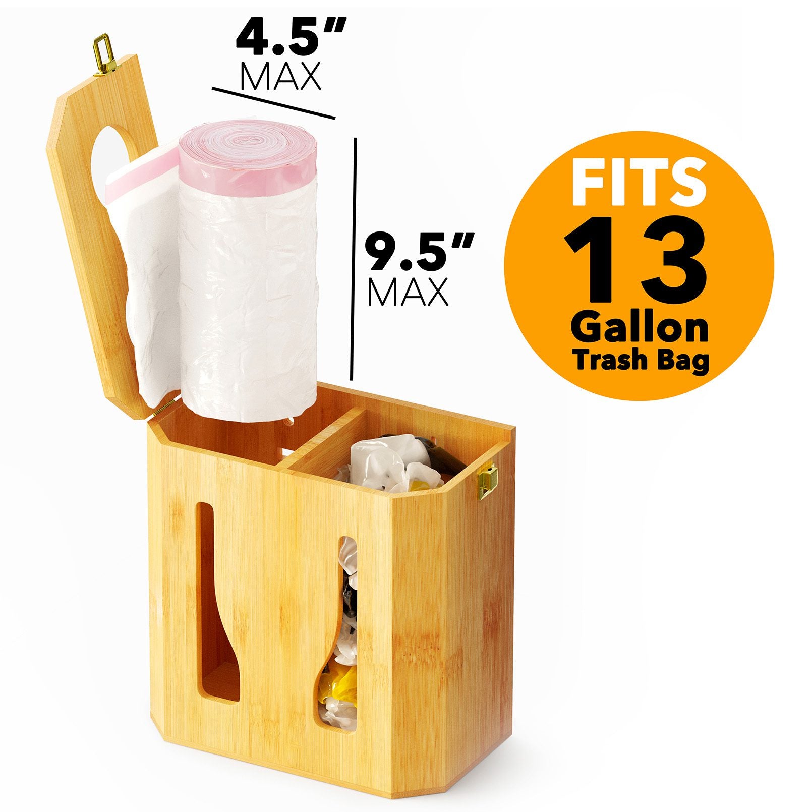 Bamboo Trash Bag Dispenser Roll Holder 13 Gallon 2 Rooms,Garbage